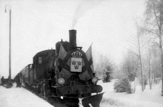 Första tåget vid invigningen av tvärbanan Arvidsjaur - Jörn 1928 -12-06