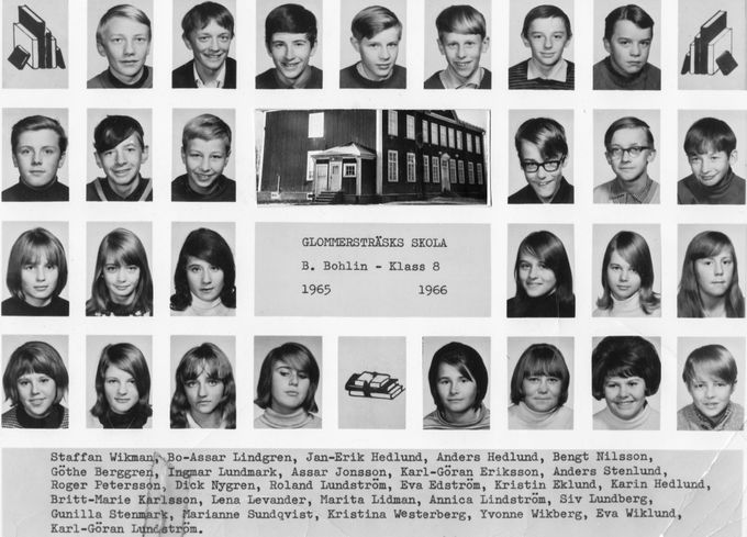 Klassfoto från Glommersträsk skola. Klass 8 1965-1966. Klassföreståndare var Britta Bohlin